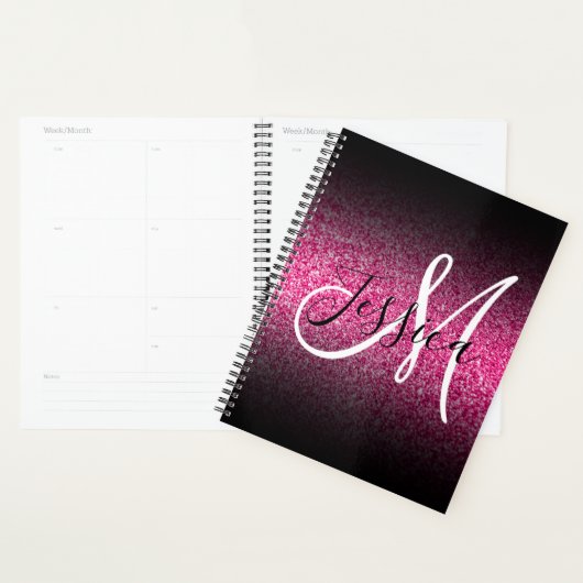 Elegant Black Ombre Hot Pink Glitter Monogram Planner (Display)