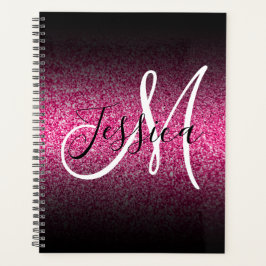 Elegant Black Ombre Hot Pink Glitter Monogram Planner