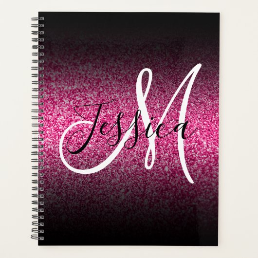Elegant Black Ombre Hot Pink Glitter Monogram Planner (Voorkant)