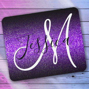 Elegant Black Ombre Violet Glitter Monogram Muismat