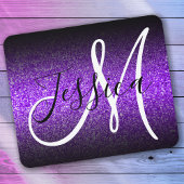 Elegant Black Ombre Violet Glitter Monogram Muismat