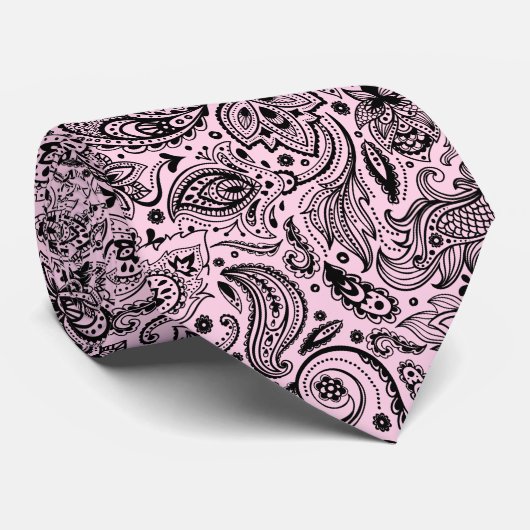 Elegant Black op roze Floral Paisley Pattern Stropdas (Opgerold)