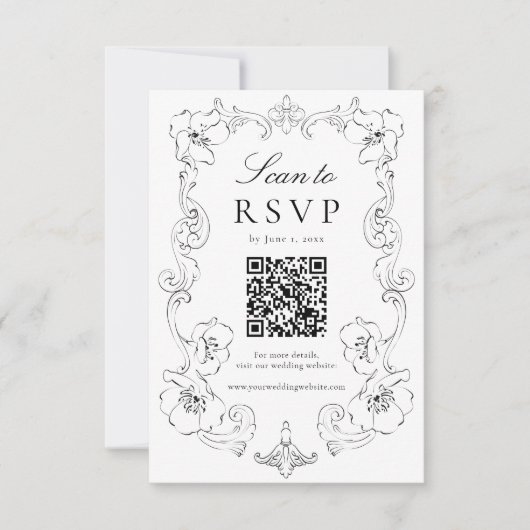 Elegant Black Ornate Floral QR Code Wedding RSVP Kaartje (Voorkant)