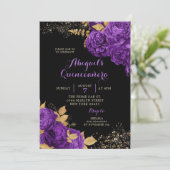 Elegant Black Paars Gold Stiletto Quinceañera Kaart (Staand voorkant)