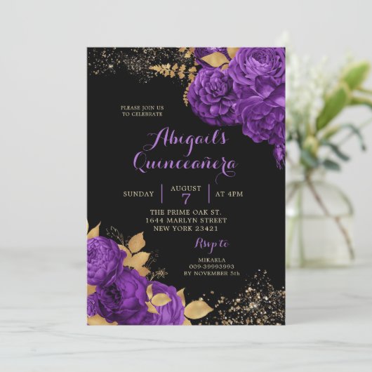 Elegant Black Paars Gold Stiletto Quinceañera Kaart (Staand voorkant)