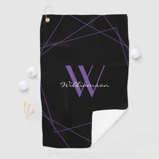 Elegant Black Paars Monogram Name Script Golfhanddoek (Insitu)