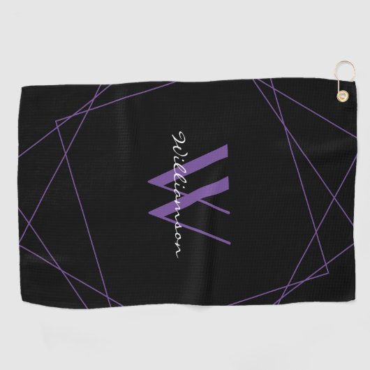 Elegant Black Paars Monogram Name Script Golfhanddoek (Horizontaal)