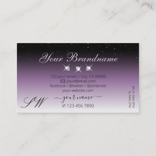 Elegant Black Paars Ombre Sparkle Jewels Initialen Visitekaartje (Achterkant)