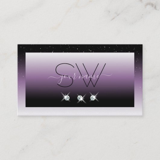 Elegant Black Paars Ombre Sparkle Jewels Monogram Visitekaartje (Voorkant)