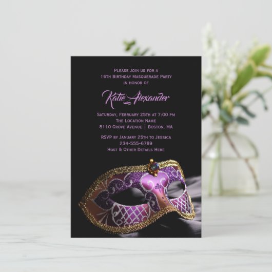 Elegant Black Paars Sweet 16 Masquerade Party Kaart (Staand voorkant)