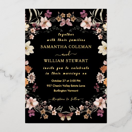 Elegant Black Pastel Boho Wildflower Chic Wedding Folie Uitnodiging (Voorkant)