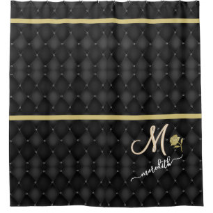 Elegant Black Pattern Gold Band Custom Monogram Douchegordijn