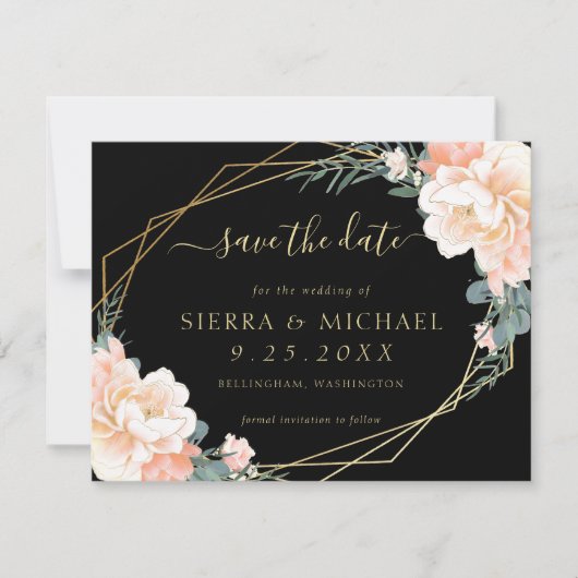 Elegant Black Peach Gold Floral Save the Date Kaart (Voorkant)