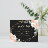 Elegant Black Peach Gold Floral Save the Date Kaart (Staand voorkant)