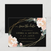 Elegant Black Peach Gold Floral Save the Date Kaart (Voorkant / Achterkant)