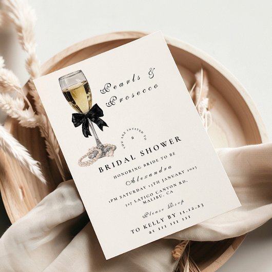 Elegant Black Pearl Champagne Bridal Shower Kaart