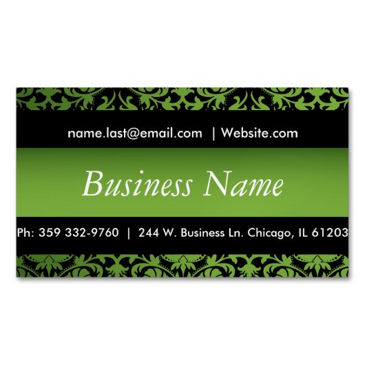 Elegant Black & Peridot Green Damask-ontwerp Visitekaartje Magneet (Voorkant)