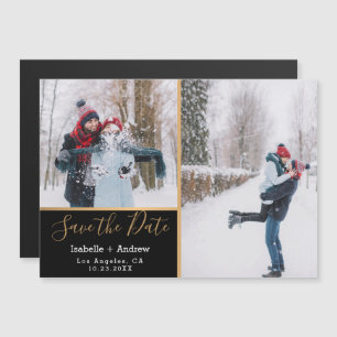 Elegant Black Photo Collage Gold Save the Date Magnetische Uitnodiging