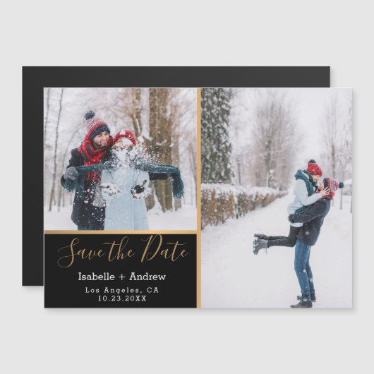 Elegant Black Photo Collage Gold Save the Date Magnetische Uitnodiging (Voorkant / Achterkant)