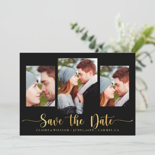 Elegant Black Photo Collage Save the Date Kaart (Staand voorkant)