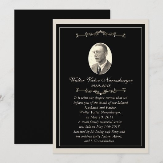 Elegant Black Photo Death Announcard Aankondiging (Voorkant / Achterkant)