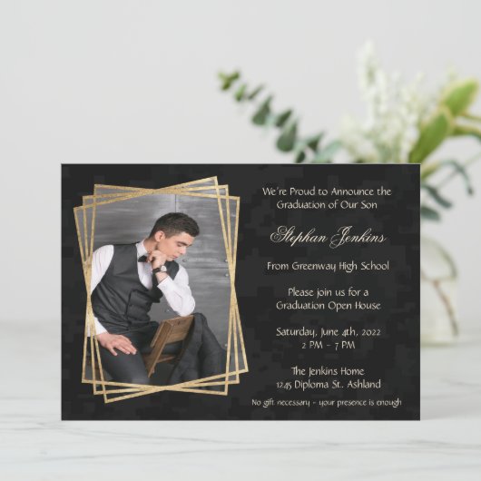 Elegant Black Photo Graduparty Kaart (Staand voorkant)