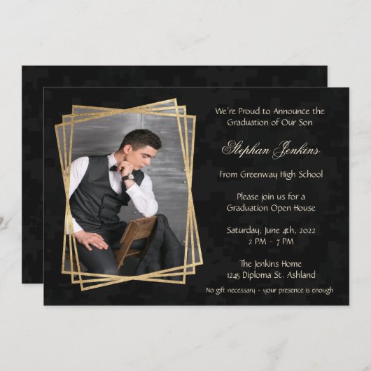 Elegant Black Photo Graduparty Kaart (Voorkant / Achterkant)