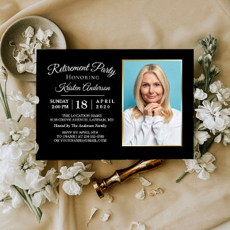 Elegant Black Photo Retirement Party Invitation Kaart