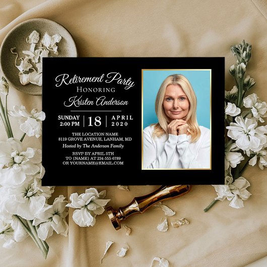 Elegant Black Photo Retirement Party Invitation Kaart