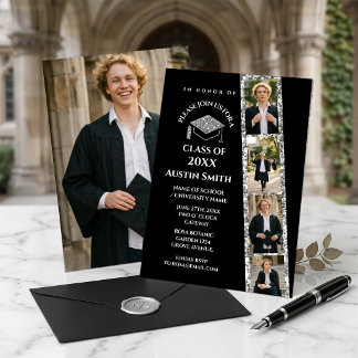 Elegant Black Photo Strip Graduation with Glitter Kaart