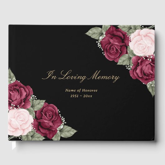 Elegant Black Pink Burgundy Floral Funeral Gastenboek (Voorkant)