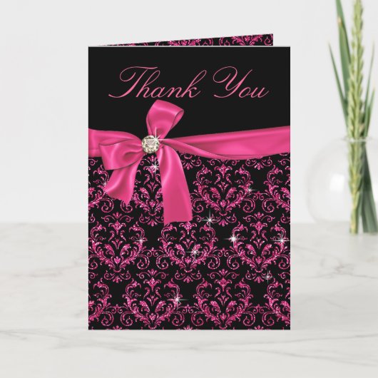 Elegant Black Pink Damask Diamond Bow Hartelijk da Bedankkaart (Voorkant)