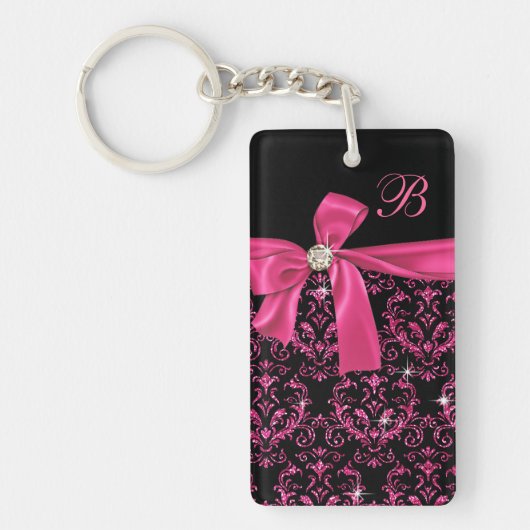 Elegant Black Pink Damask Diamond Bow Monogram Sleutelhanger (Voorkant)