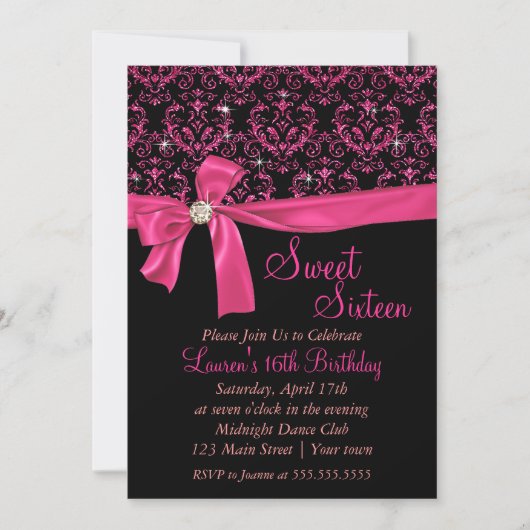 Elegant Black Pink Damask Sweet Sixteen Party Kaart (Voorkant)