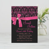 Elegant Black Pink Damask Sweet Sixteen Party Kaart (Staand voorkant)