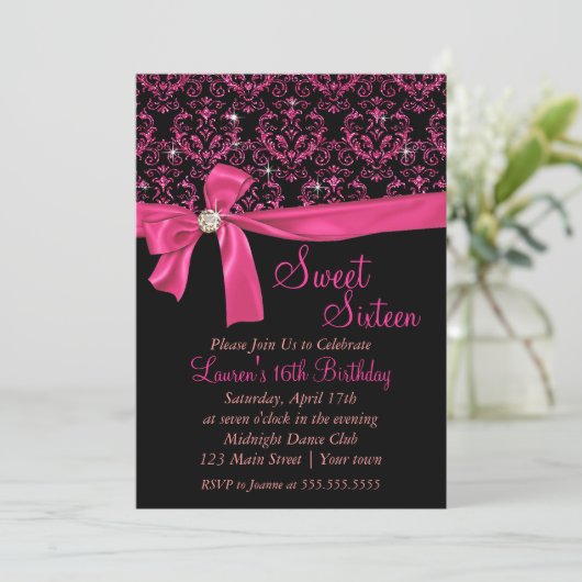 Elegant Black Pink Damask Sweet Sixteen Party Kaart (Staand voorkant)