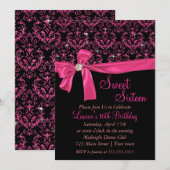 Elegant Black Pink Damask Sweet Sixteen Party Kaart (Voorkant / Achterkant)