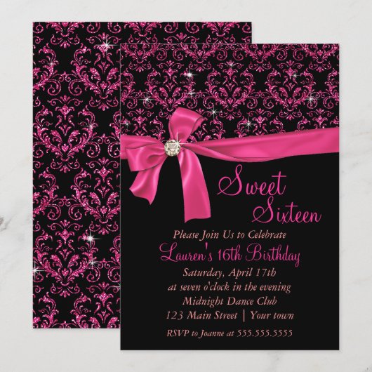 Elegant Black Pink Damask Sweet Sixteen Party Kaart (Voorkant / Achterkant)