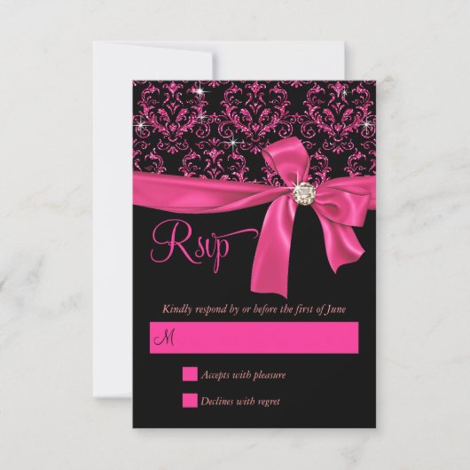Elegant Black Pink Damask Sweet Sixteen Party RSVP (Voorkant)