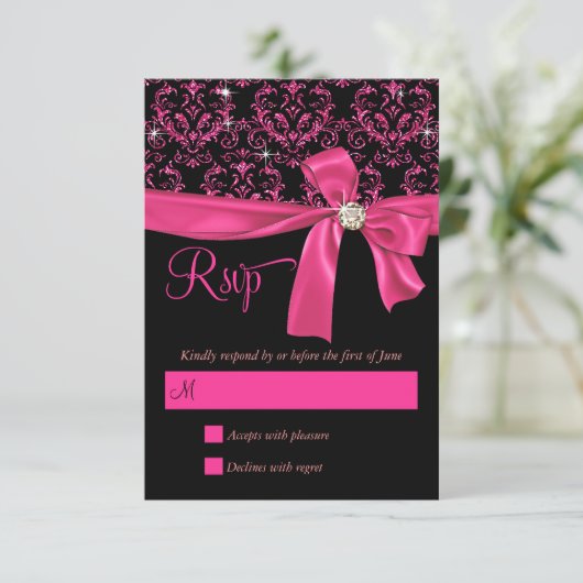 Elegant Black Pink Damask Sweet Sixteen Party RSVP (Staand voorkant)