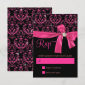 Elegant Black Pink Damask Sweet Sixteen Party RSVP (Voorkant / Achterkant)