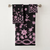 ELEGANT BLACK PINK DIAMOND LACE BATHROOM TOWEL SET BAD HANDDOEK (Insitu)