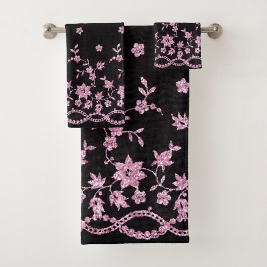ELEGANT BLACK PINK DIAMOND LACE BATHROOM TOWEL SET BAD HANDDOEK (Insitu)