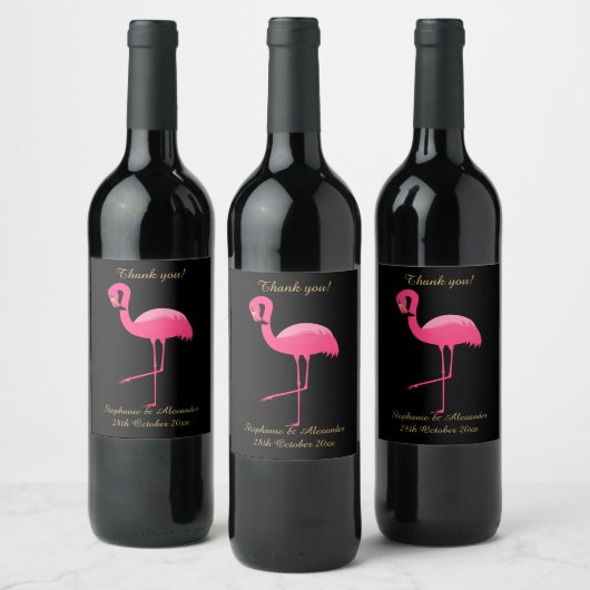 ELEGANT BLACK PINK FLAMINGO  WIJN ETIKET (Flessen)