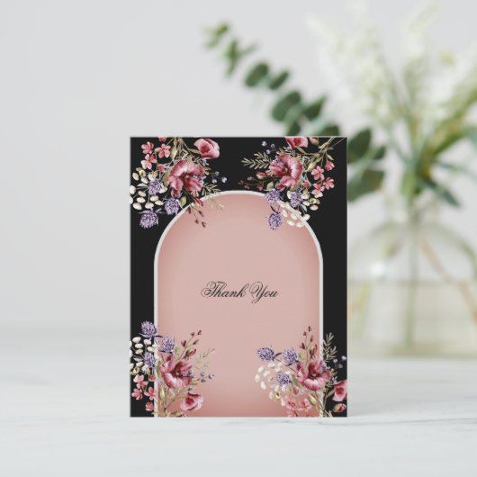 Elegant Black & Pink Floral Hartelijk dank Bedankkaart (Staand voorkant)