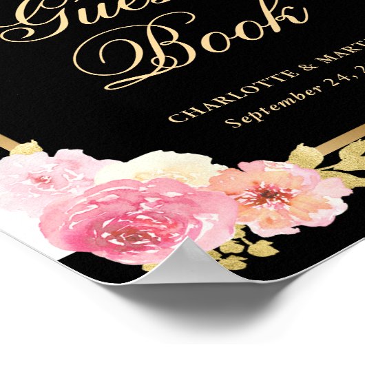 Elegant Black Pink Floral Wedding Guest Book Sign Poster (Hoek)