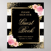 Elegant Black Pink Floral Wedding Guest Book Sign Poster (Voorkant)