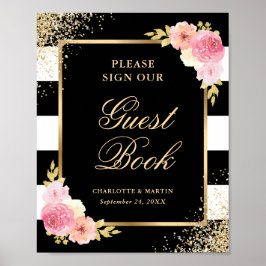 Elegant Black Pink Floral Wedding Guest Book Sign Poster