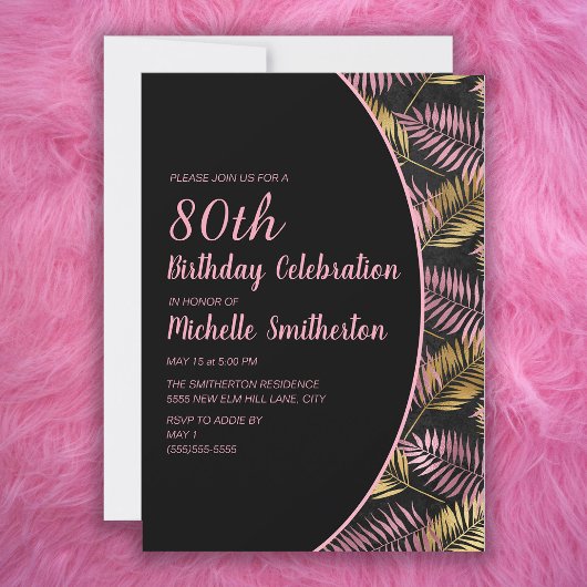 Elegant Black Pink Gold 80th Birthday Kaart