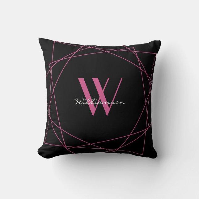 Elegant Black Pink Monogram Geometric Name Script Kussen (Voorkant)